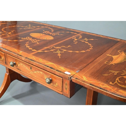 989 - A Sheraton inlaid satinwood sofa table, the drop end top with ribbon bow design over two frieze draw... 