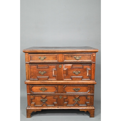 995 - A Jacobean and later oak chest of 4 long drawers in two sections, the drawers with applied geometric... 