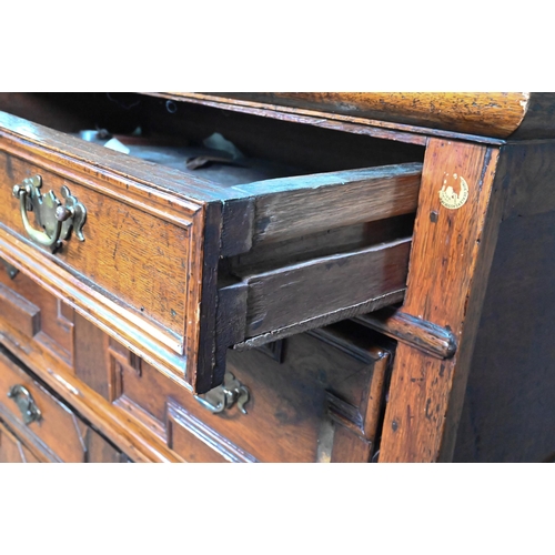 995 - A Jacobean and later oak chest of 4 long drawers in two sections, the drawers with applied geometric... 