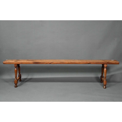 996 - A pair of elm plank benches, raised on turned frames, 200 cm x 18 cm x 45 cm h (2)