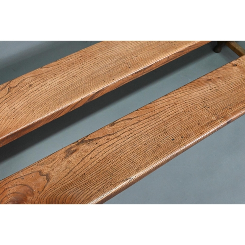 996 - A pair of elm plank benches, raised on turned frames, 200 cm x 18 cm x 45 cm h (2)