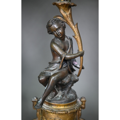 1081 - A good pair of French bronze, ormolu and marble six branch candelabra, the seated classical female f... 