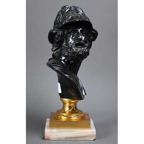 1083 - An antique classical bronze bust, raised on a gilt socle on onyx base, 27 cm h