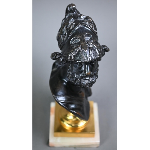 1083 - An antique classical bronze bust, raised on a gilt socle on onyx base, 27 cm h