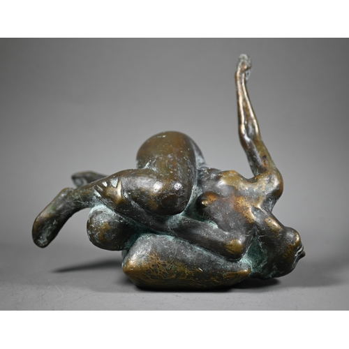 1084 - Vladimir Trulov (?) a Russian dark patinated bronze sculpture of a reclining naked female on a squar... 