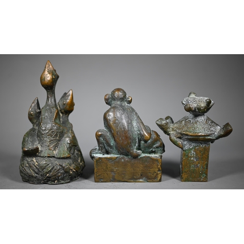 1086 - Vladimir Trulov, three Russian dark bronze sculptures - a nest of young birds; a seated monkey and a... 
