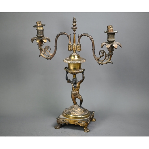 1088 - A 19th century ormolu and bronze candelabra, the twin branches raised by a kneeling blackamoor, 39 c... 