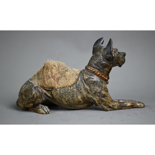 1090 - An Austrian cold painted bronze pen wipe, modelled as a recumbent Great Dane, with hogs hair bristle... 