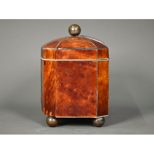 1092 - A Georgian tortoiseshell and ivory strung tea caddy, with twin lidded canister tops to the interior,... 