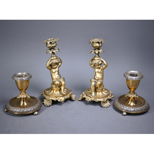 1095 - A pair of Rococo style gilt bronze candlesticks, modelled as seated cherubs raised on organic form b... 