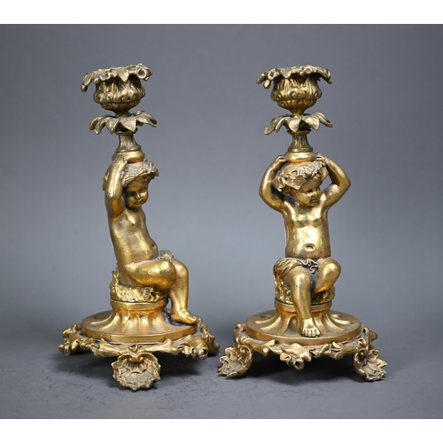 1095 - A pair of Rococo style gilt bronze candlesticks, modelled as seated cherubs raised on organic form b... 