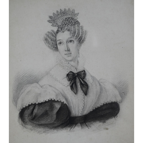 1143 - A Victorian pencil portrait of a young lady, Maria Stevens, signed indistinctly, 25 x 20 cm, in mapl... 