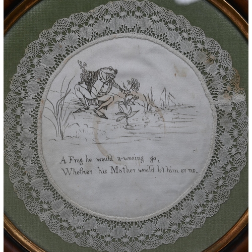 1144 - A pair of lace-trimmed silk doilies with ink drawings of Jeremy Fisher - 'A frog he would a-wooing g... 