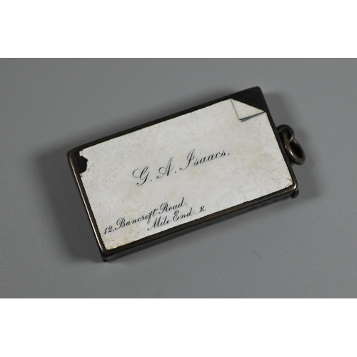 1188 - A Victorian novelty silver and enamel vesta case, decorated as a visiting card for 'GA Isaacs, 12 Ba... 