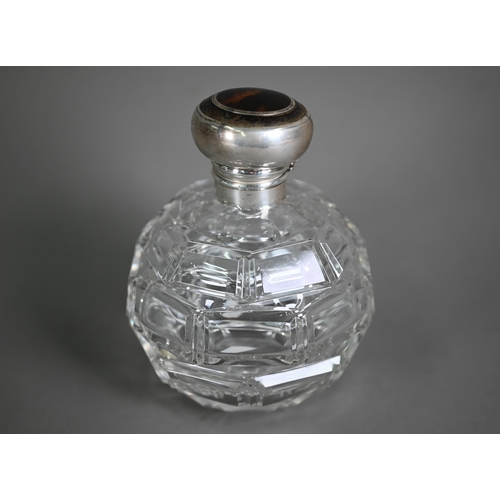 1191 - A globular cut glass scent bottle with hinged silver bun cover, Levi & Salaman, Birmingham 1916