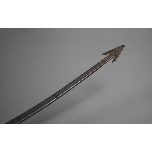 1283 - An antique weapon, the 60 cm curved steel blade with barbed finial, on brass-mounted rosewood hilt, ... 