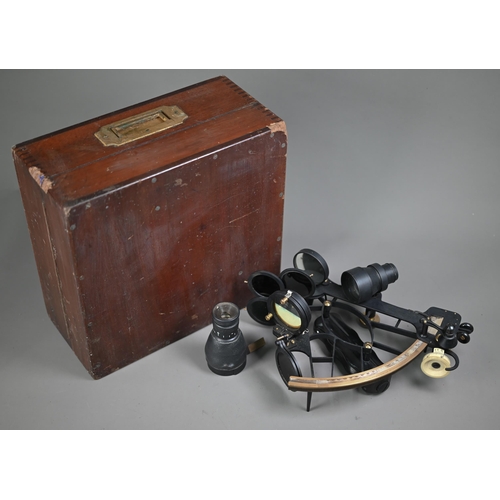 1224 - A Henry Hughes & Son 'Husun' lacquered brass sextant with silvered scale and two scopes, boxed w... 