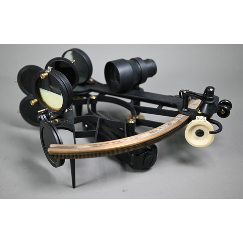 1224 - A Henry Hughes & Son 'Husun' lacquered brass sextant with silvered scale and two scopes, boxed w... 