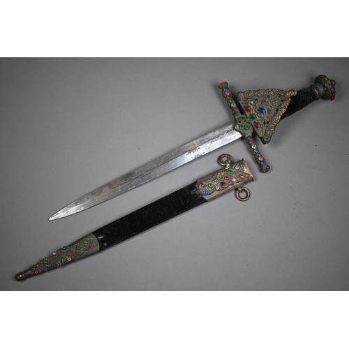 1315 - A medieval romantic style glass jewel studded gilt metal dagger, the blade stamped Whites, London, 2... 