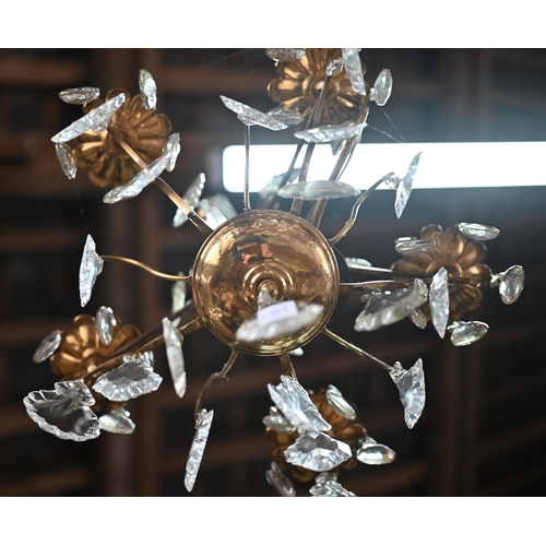 1026 - A gilt brass and crystal glass hung five branch electrolier, approx. 40 cm dia. x 60 cm h