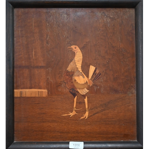 1206 - A pair of marquetry panels depicting fighting-cocks, 37 x 34 cm, in moulded frames (2)