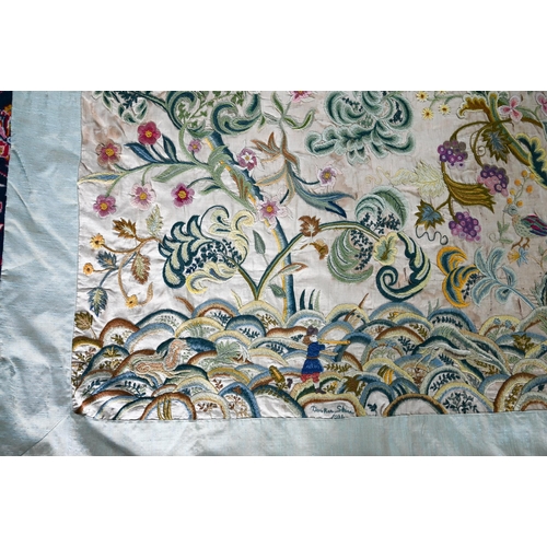 1290 - A floral embroidered wool on linen wall hanging indistinctly signed and dated '1934', 155 cm x 80 cm