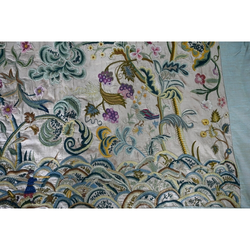 1290 - A floral embroidered wool on linen wall hanging indistinctly signed and dated '1934', 155 cm x 80 cm