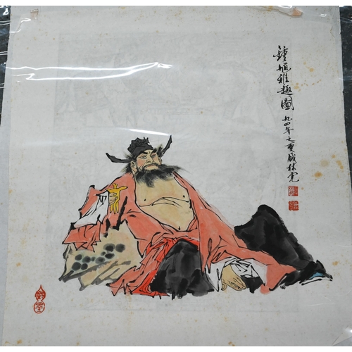 540A - A Chinese unframed painting of the Daoist deity Zhong Kui, ink and colour on paper, inscribed and si... 