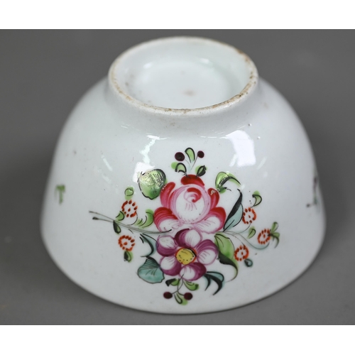 650A - A New Hall tea bowl and saucer with floral and pink scale decoration, to/w a similar coffee cup and ... 