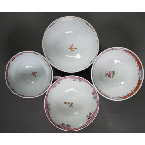 650A - A New Hall tea bowl and saucer with floral and pink scale decoration, to/w a similar coffee cup and ... 