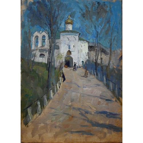 862 - 20th century Russian school - Bridge to an Orthodox church, oil on canvas board, 75 x 50 cm to/w pan... 