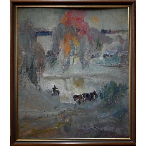 863 - 20th century Russian school - A semi-abstract landscape with horses, oil on board, signed bottom lef... 