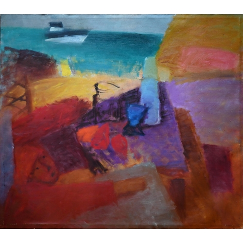 866 - 20th century Russian school - Abstract coastal view, oil on canvas, signed and titled to verso, 83 x... 