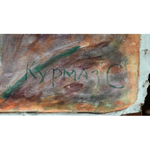 890 - Two rolled canvas oil studies by Kypmaz, 55 x 66 cm, dated 1992 to/a oil on board of interior scene,... 