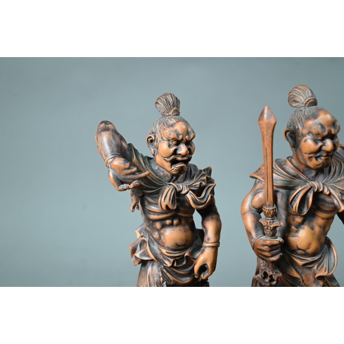 578 - A pair of Japanese carved wood Nio figures (Guardians of Buddha) 22 cm high (2)