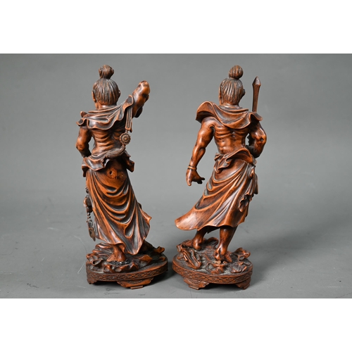 578 - A pair of Japanese carved wood Nio figures (Guardians of Buddha) 22 cm high (2)