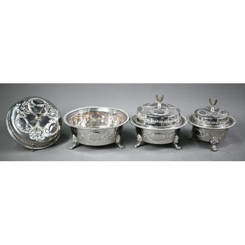 20 - Graduated set of three Arabic white metal bowls and covers with eagle finials, to/w various electrop... 