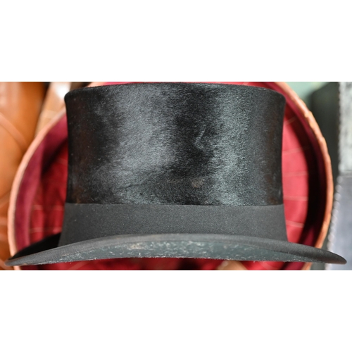 1284 - A vintage black silk top hat by Morgan of Dublin in fitted leather hatbox by R Erskine to/w a grey f... 