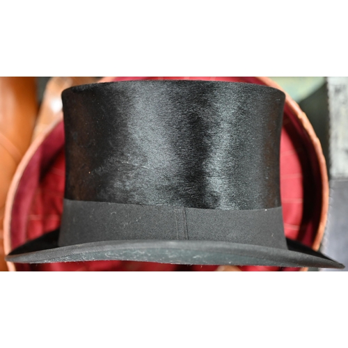 1284 - A vintage black silk top hat by Morgan of Dublin in fitted leather hatbox by R Erskine to/w a grey f... 