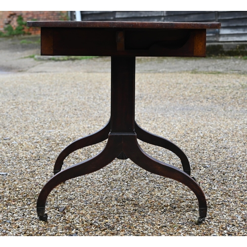 978 - A Regency cross-banded burr walnut sofa table, with two frieze drawers opposing dummy drawer fronts,... 