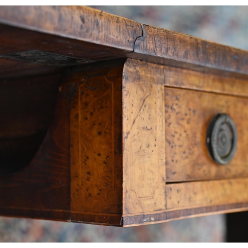 978 - A Regency cross-banded burr walnut sofa table, with two frieze drawers opposing dummy drawer fronts,... 