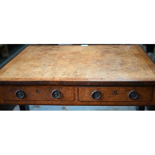 978 - A Regency cross-banded burr walnut sofa table, with two frieze drawers opposing dummy drawer fronts,... 