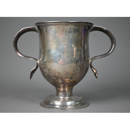 194 - A George III silver loving cup with twin scroll handles on plain stem and domed foot, Charles Hougha... 