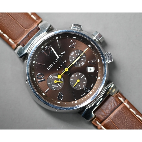 252 - A Louis Vuitton Tambour gents wristwatch, the 40 mm dia. stainless steel case with brown metallic di... 
