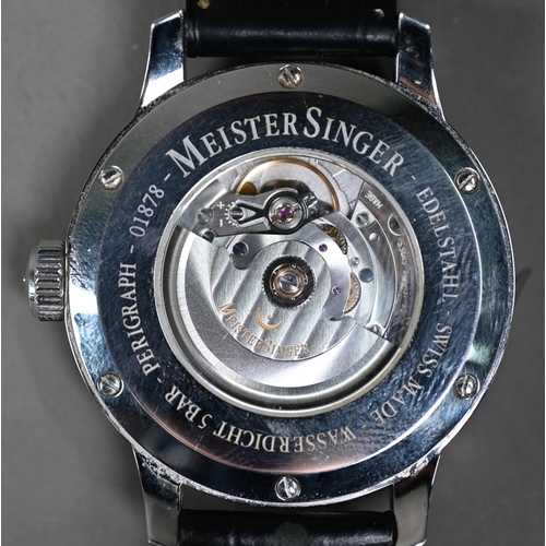 258 - Meister Singer, a Perigraph single hand calendar watch, stainless steel 44 mm dia. case with visible... 