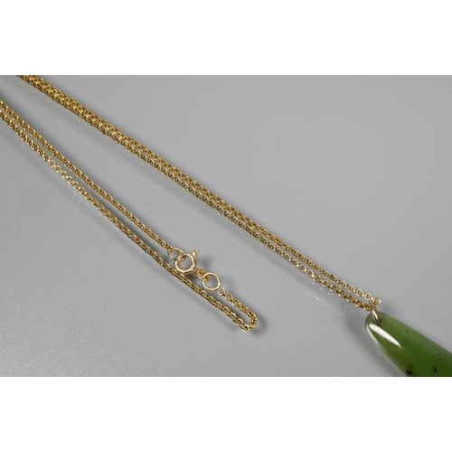 312 - A green hardstone pendant on 9ct yellow gold chain, approx 3.4g; to/w two yellow metal bar brooches ... 