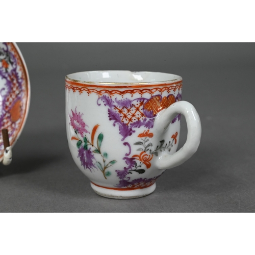 580A - An 18th century Chinese export famille rose miniature teacup, 4.5 cm h and saucer, 8.5 cm diameter, ... 