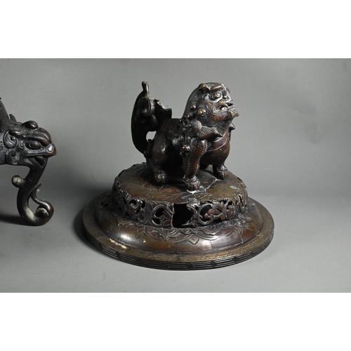 595 - A large 19th century Japanese bronze koro and pierced domed cover with Karashish finial, Meiji perio... 