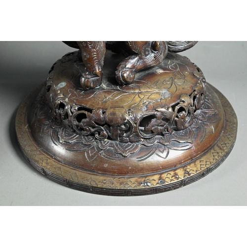 595 - A large 19th century Japanese bronze koro and pierced domed cover with Karashish finial, Meiji perio... 