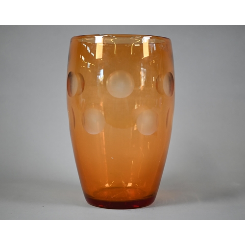 601 - Large contemporary orange ovoid studio glass vase with concave cut decoration, 26 cm high